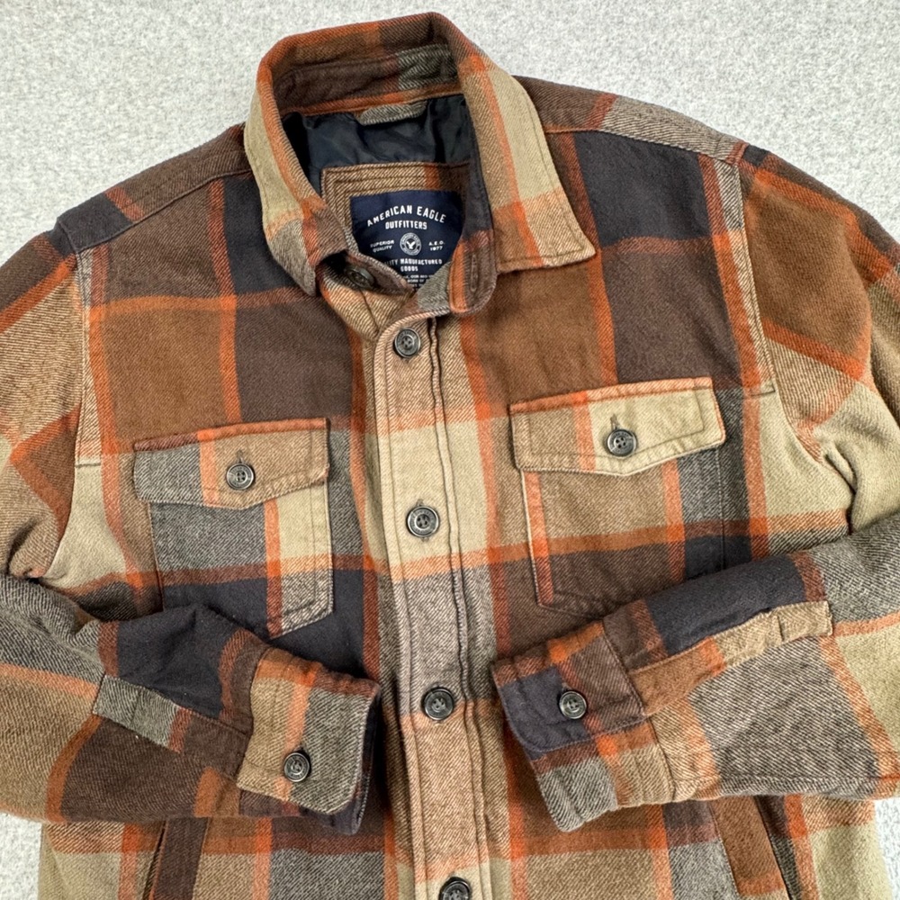 American Eagle Mens Plaid Flannel Quilted Shirt Jacket Shacket Cozy Warm Outdoor
